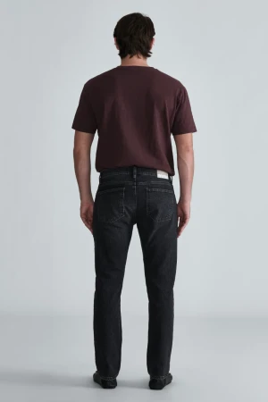 Back view of Mavi Marcus slim straight jeans in smoke brushed classic blue showing back pockets and waist yoke