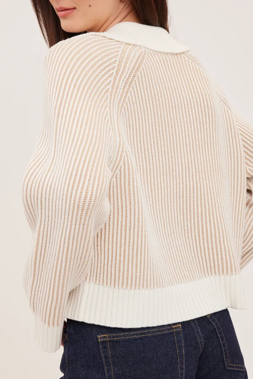 Back view of Gentle Fawn cream Xander sweater showing collar back and cropped ribbed hem