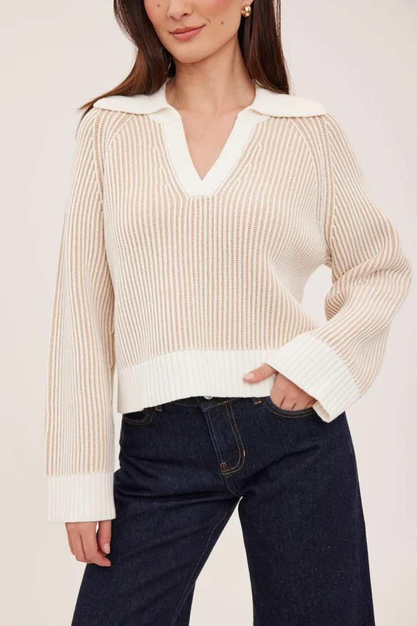 Front view of Gentle Fawn Xander sweater in cream showing collared v-neckline and two-tone knit