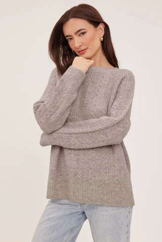 Front view of Gentle Fawn Lori sweater in heather pebble showing cable knit texture and crew neckline