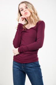 C'est Moi Bamboo Long Sleeve V-Neck Top in Bordeaux