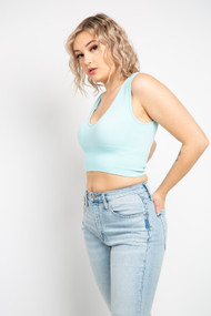 C'est Moi Bamboo Deep V Crop Top in Aqua