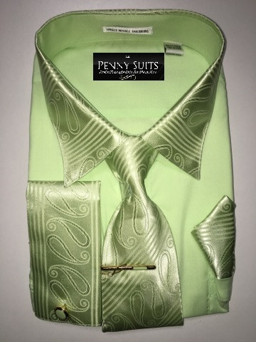 Ultimate 4x Large 5 Mint Green With Matching Paisley Accents On Cuffs Collar Tie 5 Pc Dress Shirt Set Penny Suits