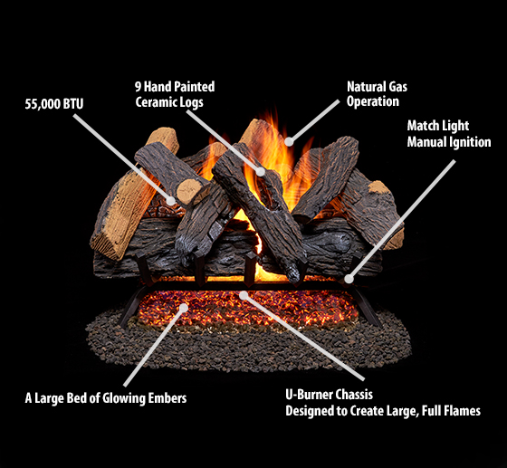 55,000 BTU Duluth Forge Vented Natural Fireplace Set-24 in Heartland Gas logs 24 Oak 