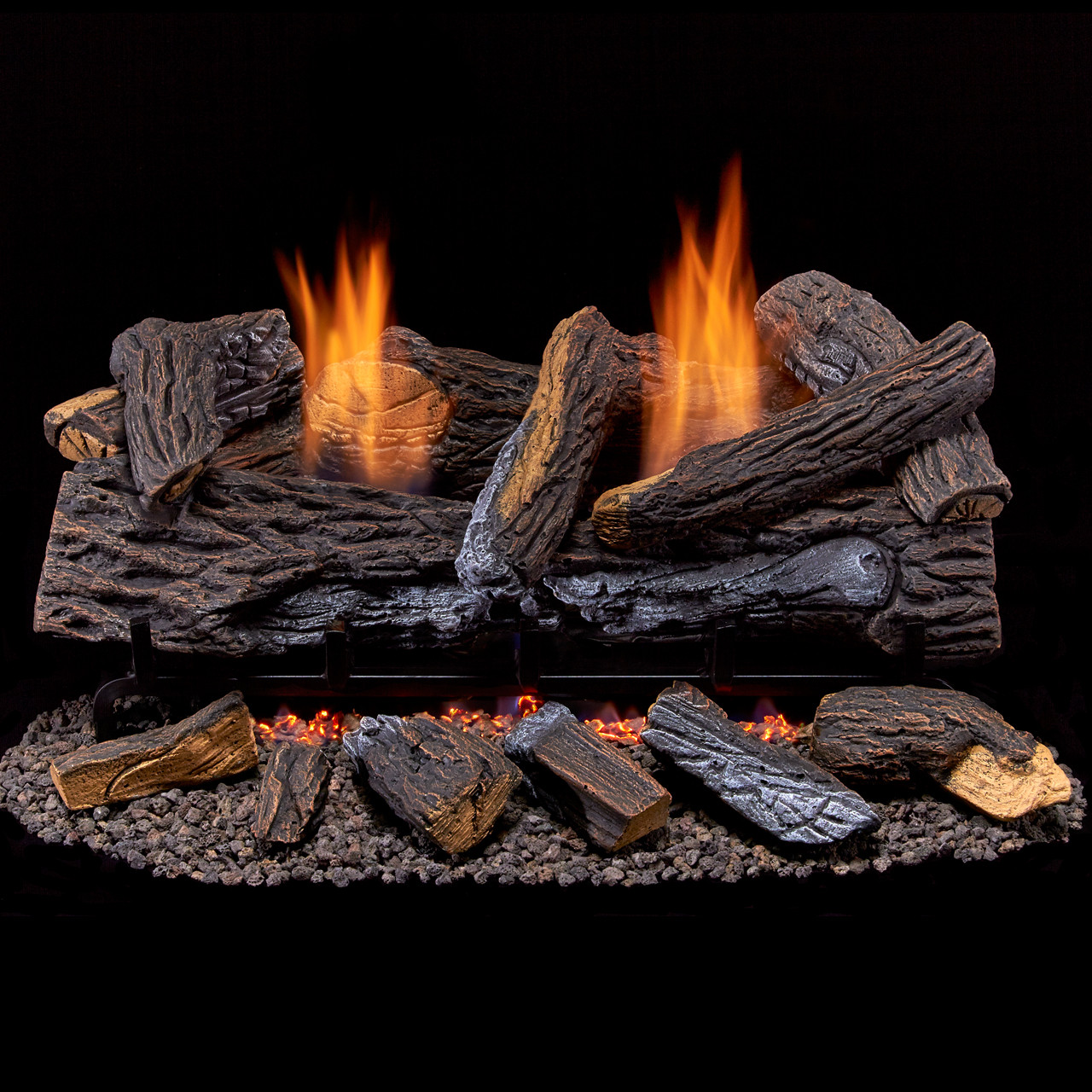 Vented Gas Fireplace Log Set Dual-Burner Heater Decorative Fire Rocks 24 in.