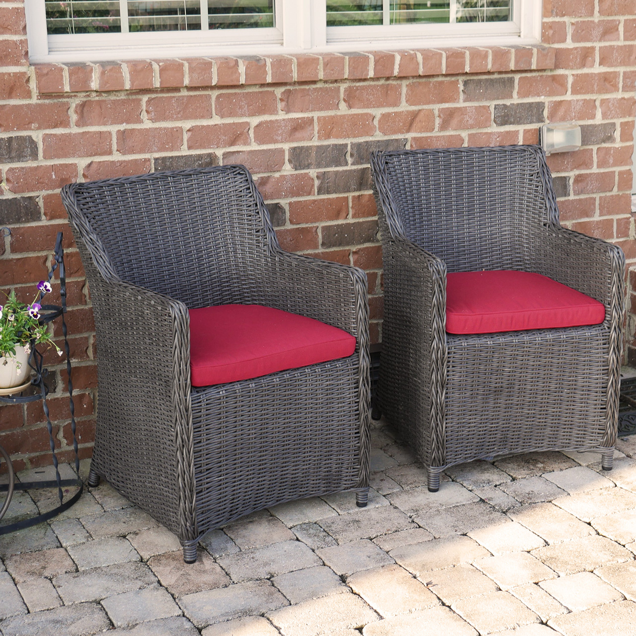 Sea Island Wicker Patio Lounge Chair Set With Red Cushion Set of 2
