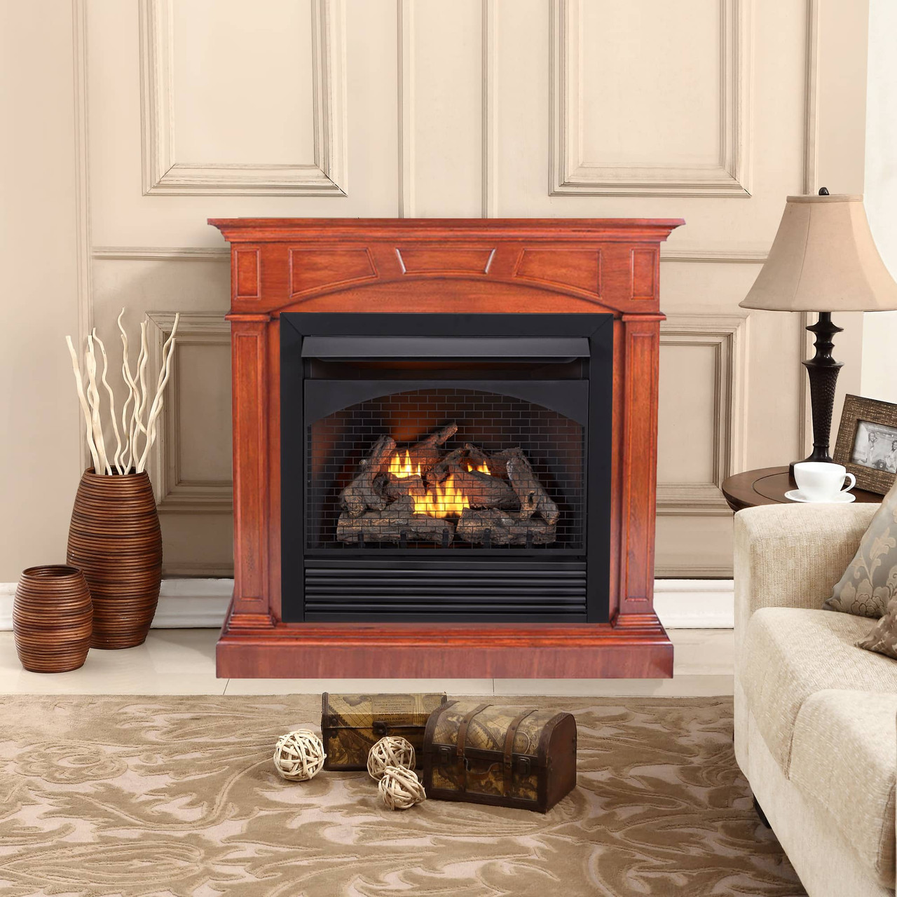 ProCom Full Size Dual Fuel Ventless Gas Fireplace With Mantel - 32,000 BTU,  Remote Control, Walnut Finish - Model# FBNSD32RT-2WN - Factory Buys Direct