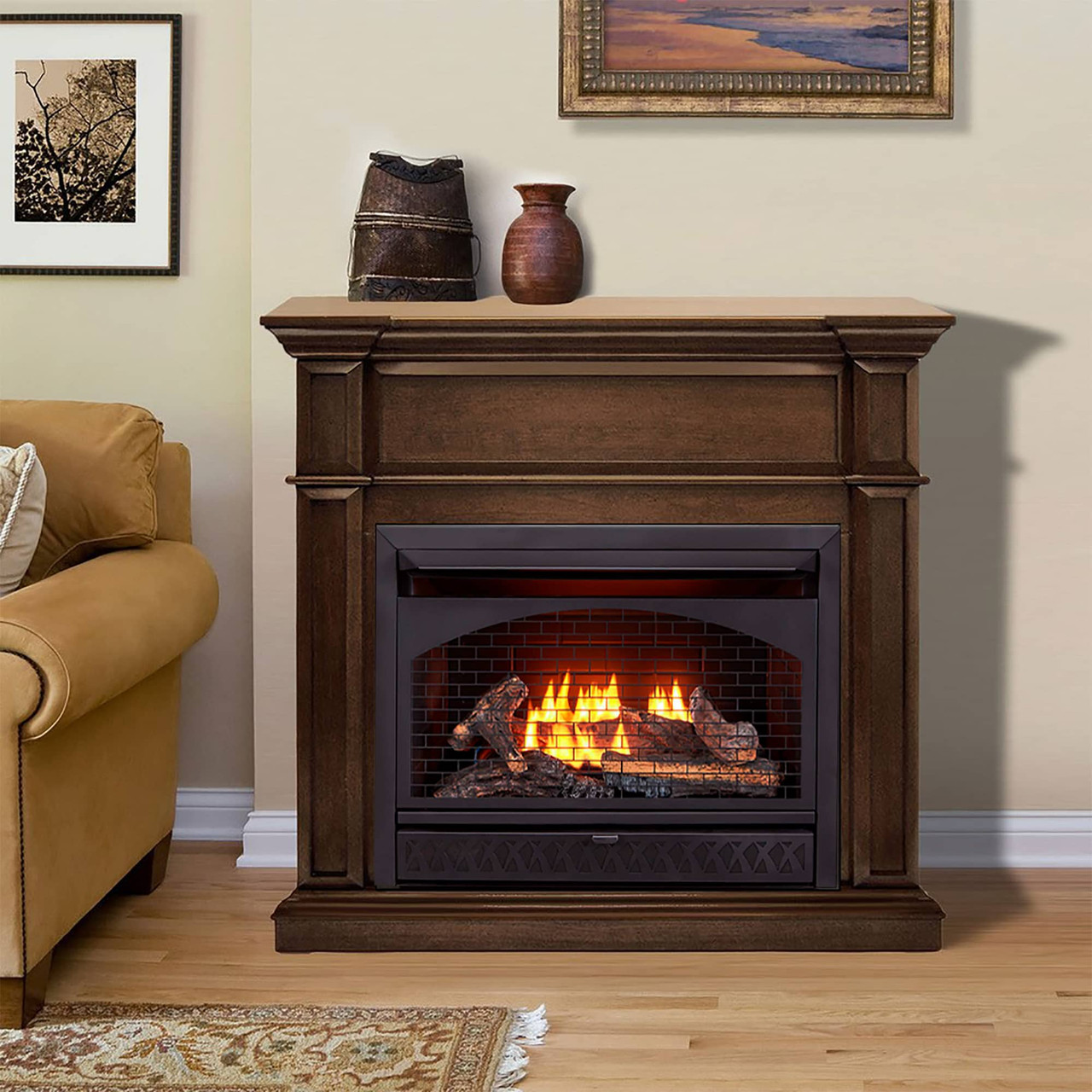 ProCom Full Size Dual Fuel Ventless Gas Fireplace With Mantel - 32,000 BTU,  Remote Control, Walnut Finish - Model# FBNSD32RT-2WN - Factory Buys Direct