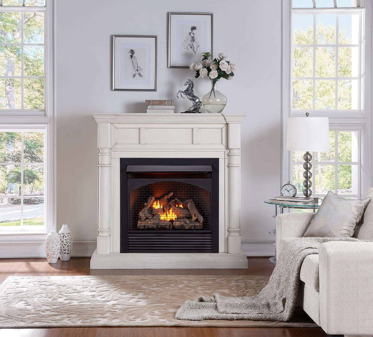 ProCom Dual Fuel Ventless Gas Fireplace System With Corner Combo Mantel -  10,000 BTU, T-Stat Control, Antique White Finish - Model# FS100T-1-AW -  Factory Buys Direct