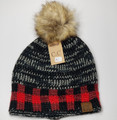 Fuzzy Lined Knit with Checker Print Faux Fur Pom Beanie.

- 100% Acrylic
- One Size Fits Most