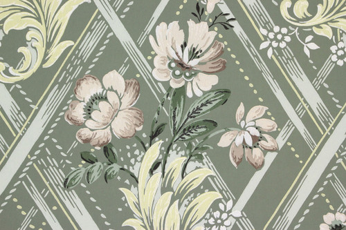 1940s Vintage Wallpaper Beige and Yellow Flowers on Green