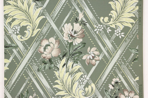 1940s Vintage Wallpaper Beige and Yellow Flowers on Green