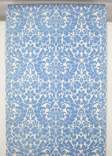 1970s Vintage Wallpaper Blue Flocked Damask