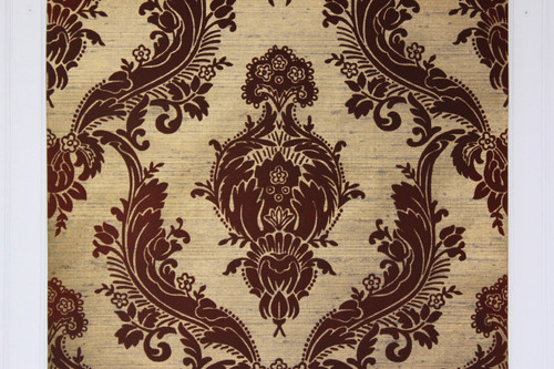 1970s Vintage Wallpaper Brown and Gold Flocked Large Damask Design