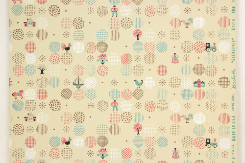 1940s Vintage Wallpaper Folk Art Pink and Aqua
