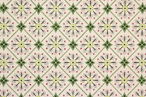 1940s Vintage Wallpaper Green Geometric on White