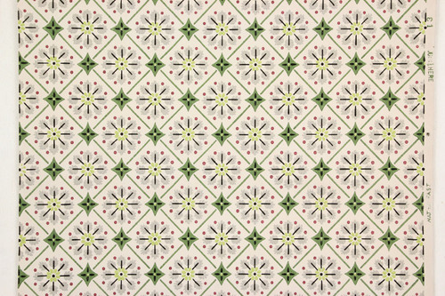 1940s Vintage Wallpaper Green Geometric on White