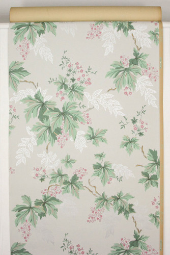 1930s Vintage Wallpaper Green Leaves and Small Pink Flowers