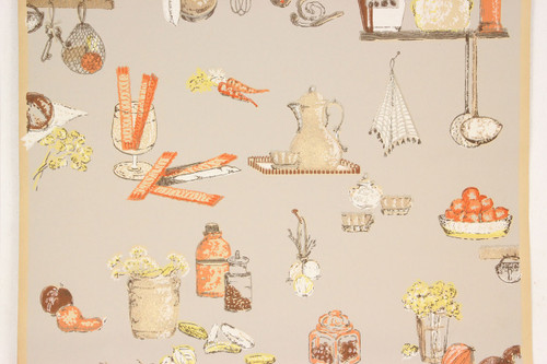 1930s Vintage Wallpaper Orange and Yellow Kitchen on Beige