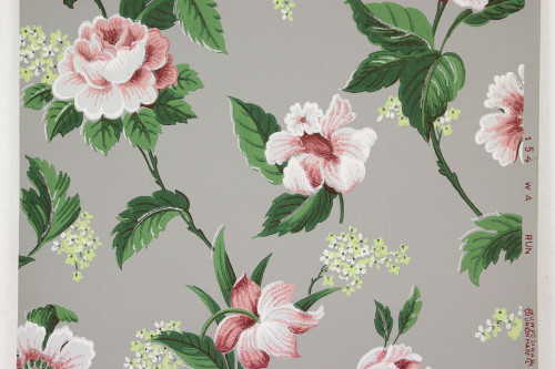 1940s Vintage Wallpaper Pink and White Floral on Gray