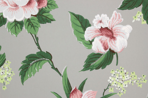 1940s Vintage Wallpaper Pink and White Floral on Gray