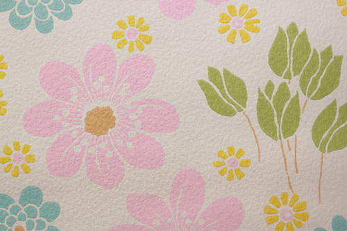 1970s Vintage Wallpaper Pink Blue and Yellow Flowers