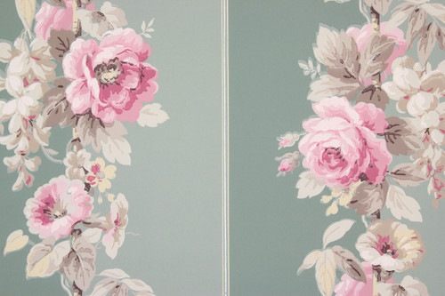 1950s Vintage Wallpaper Pink Roses on Green