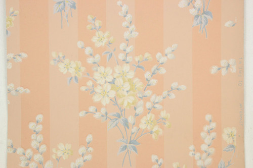 1940s Vintage Wallpaper Bouquets on Peach Stripe
