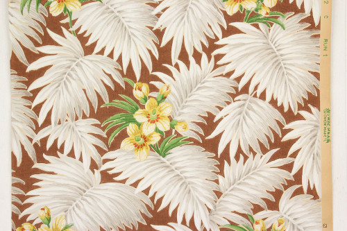 1930s Vintage Wallpaper White Tropical Leaves on Brown