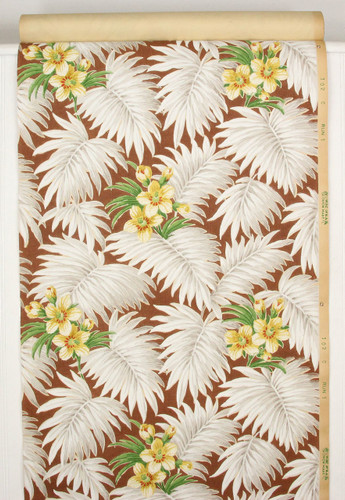 1930s Vintage Wallpaper White Tropical Leaves on Brown