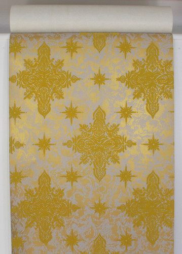 1970s Vintage Wallpaper Flocked Yellow Gold Starbursts