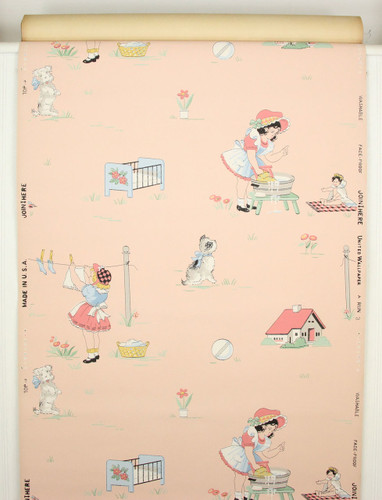 1940s Vintage Wallpaper Childrens Nursery on Pink