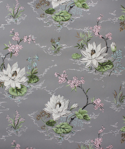 1940s Vintage Wallpaper White Lilies on Gray