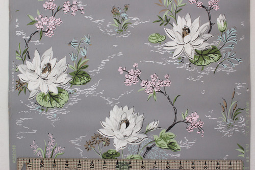 1940s Vintage Wallpaper White Lilies on Gray