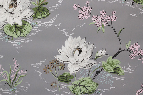 1940s Vintage Wallpaper White Lilies on Gray