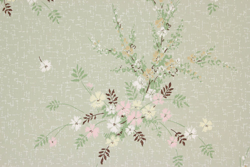 1940s Vintage Wallpaper Pink and Yellow Floral Bouquets on Green