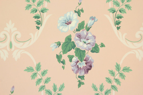 1940s Vintage Wallpaper Blue and Purple Floral Bouquets on Pink