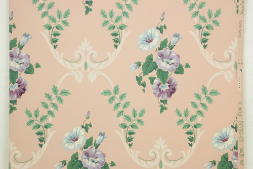 1940s Vintage Wallpaper Blue and Purple Floral Bouquets on Pink
