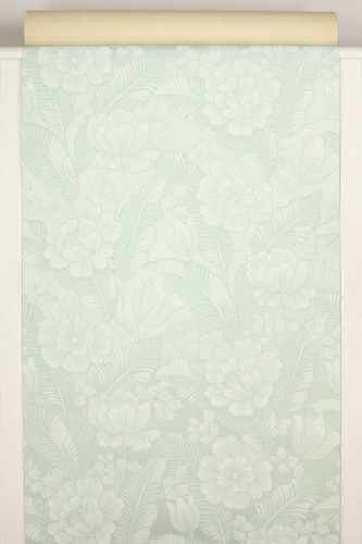 1960s Vintage Wallpaper Large White Flowers on Light Green