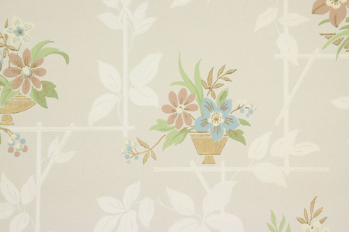 1940s Vintage Wallpaper Blue Brown Flowers on Green-Gray