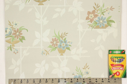 1940s Vintage Wallpaper Blue Brown Flowers on Green-Gray