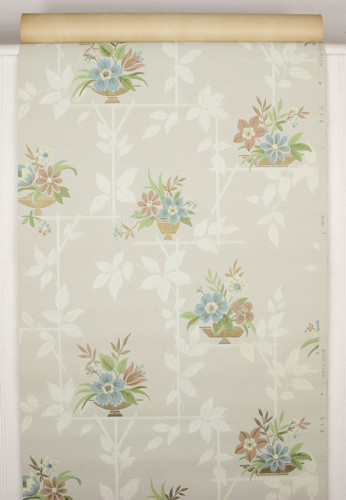 1940s Vintage Wallpaper Blue Brown Flowers on Green-Gray