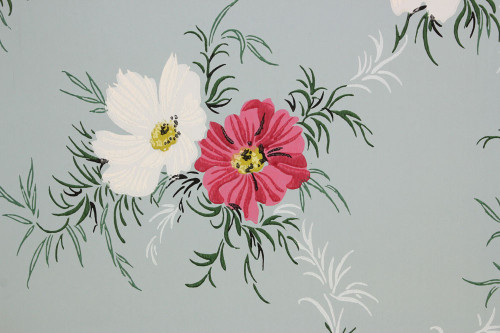1940s Vintage Wallpaper Pink and White Flowers on Blue