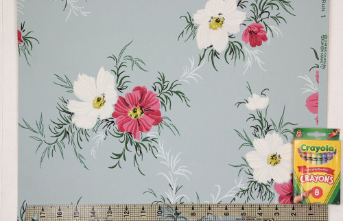 1940s Vintage Wallpaper Pink and White Flowers on Blue