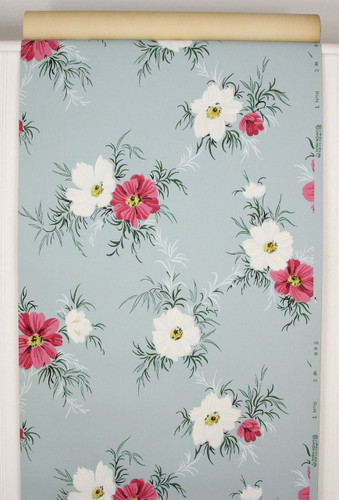 1940s Vintage Wallpaper Pink and White Flowers on Blue