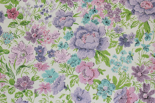 1970s Vintage Wallpaper Purple and Aqua Flowers