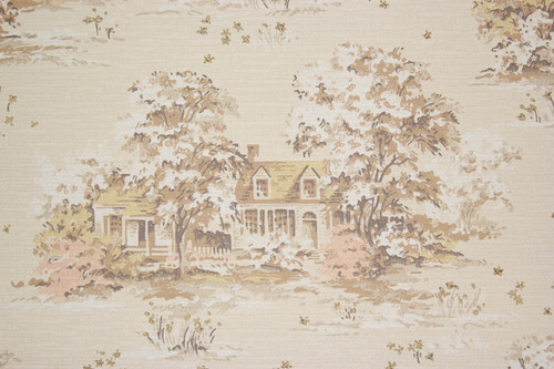 1950s Vintage Wallpaper Scenic Houses on Beige