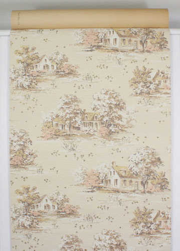 1950s Vintage Wallpaper Scenic Houses on Beige