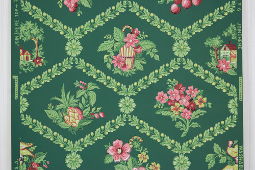 1940s Vintage Wallpaper Pink Yellow Bouquets Fruit