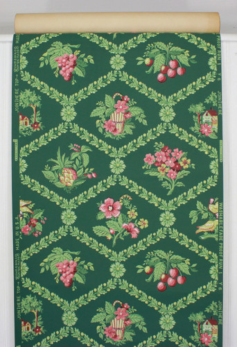 1940s Vintage Wallpaper Pink Yellow Bouquets Fruit